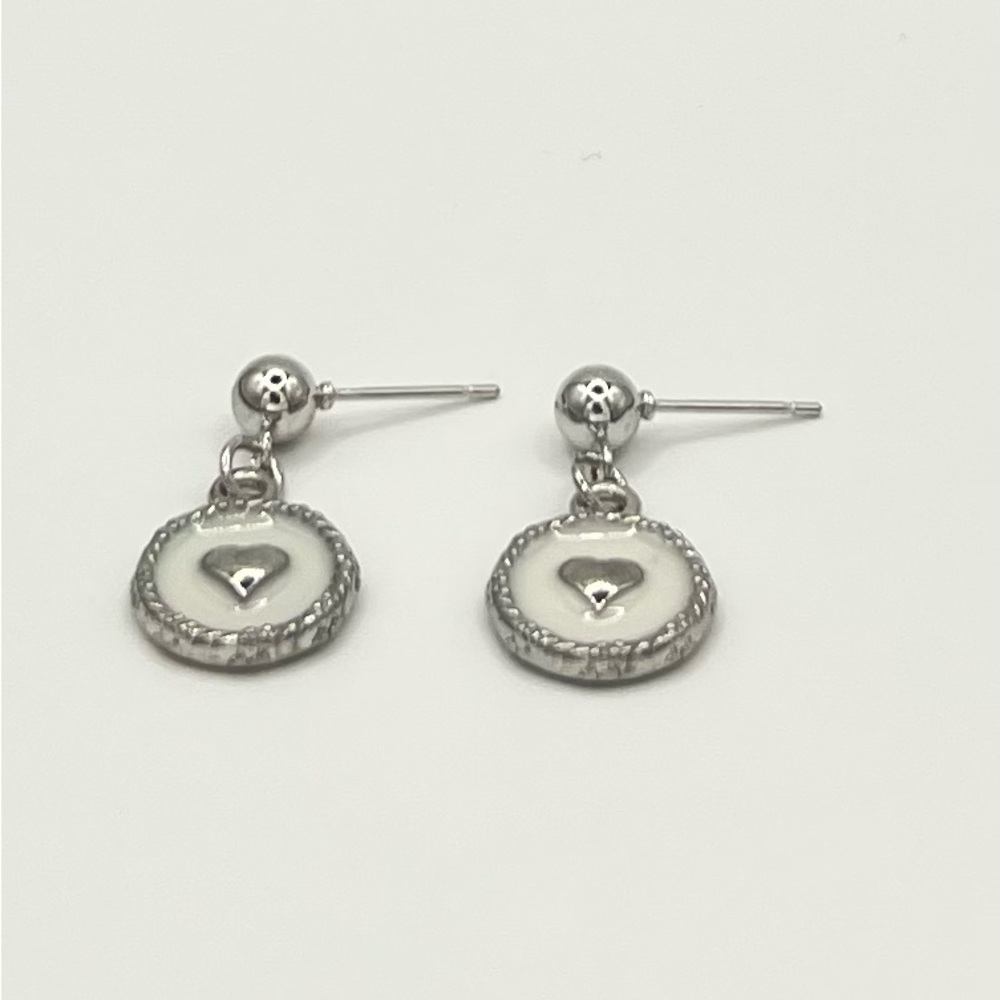 Silver Heart Drop Earrings with White Enamel - Picture 2 of 3